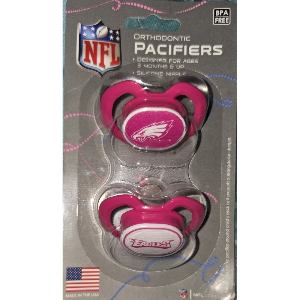 NFL Philadelphia Eagles Orthodontic Pacifiers 2 Pack Pink White 3 Months+ NEW